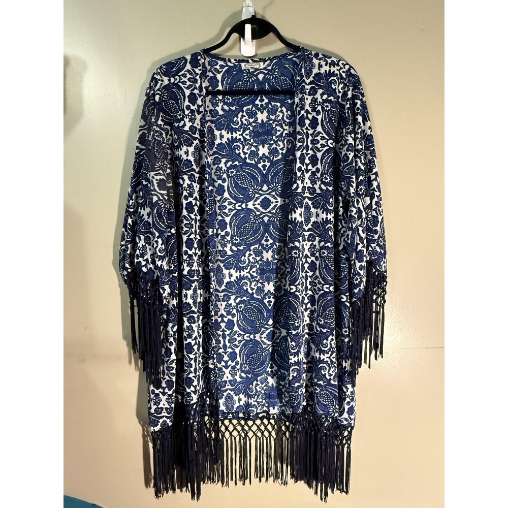 Aphorism Blouse Womens One Size Blue Kimono Fringe‎ Floral Open Lightweight